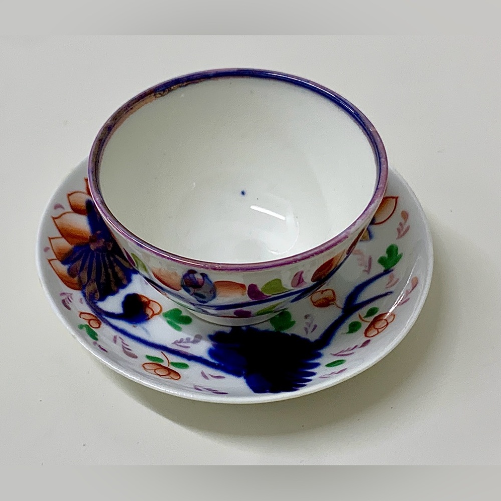 19th Century Antique Gaudy Welsh Grape Pattern Miniature Handleless Cup & Saucer